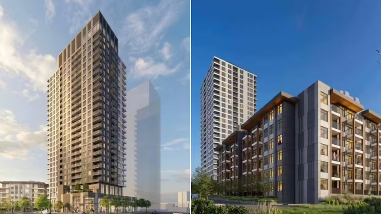 Renderings of the revised Kingsway and Greenford rental towers in Burnaby