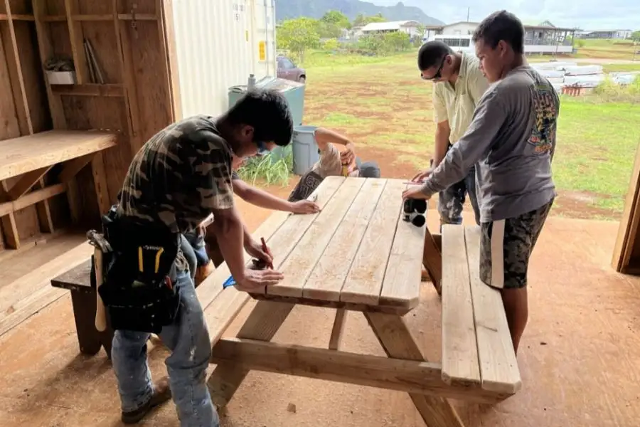 High school students working on a construction project