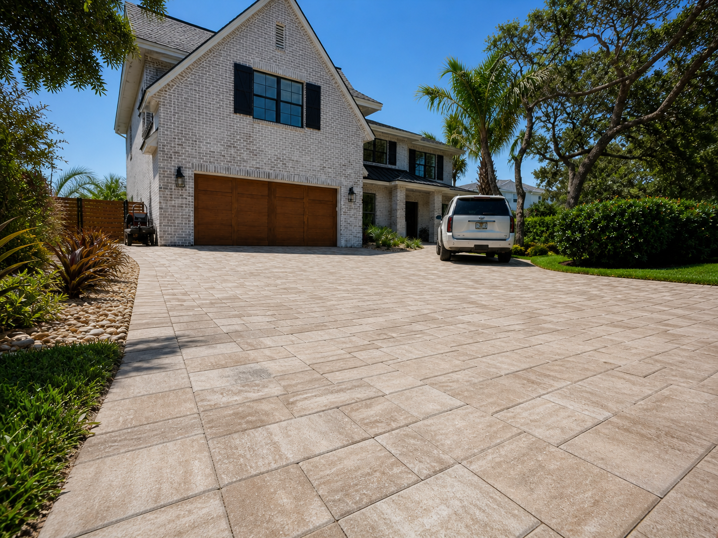 Modern two-story brick house with wooden garage doors and a white SUV parked in the driveway.