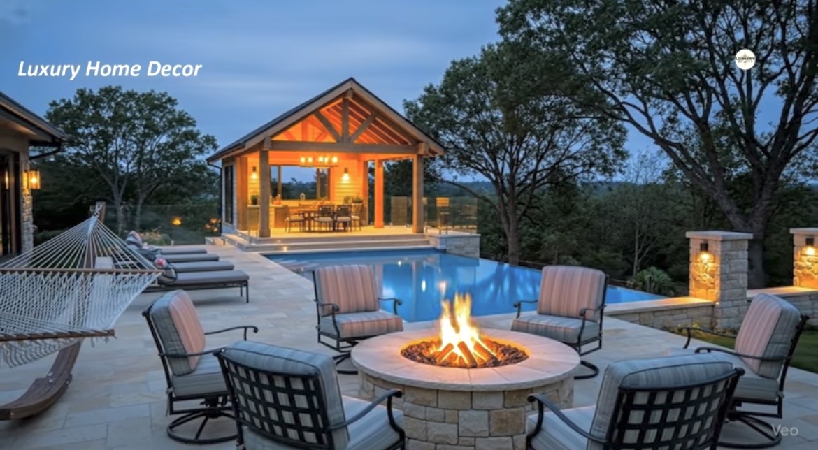 Outdoor patio with fire pit, cushioned chairs, pool, hammock, and a lit wooden gazebo at dusk.