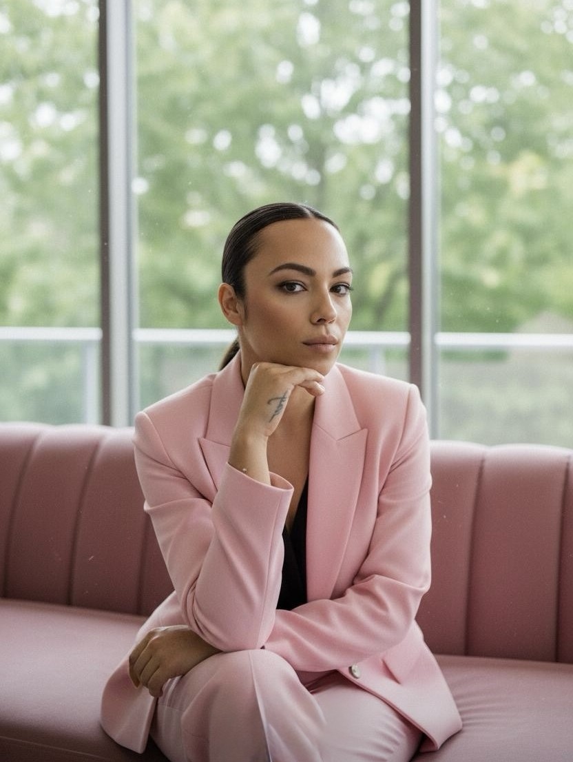 Young woman wearing a pink suit sitting on a pink couch with a thoughtful expression.