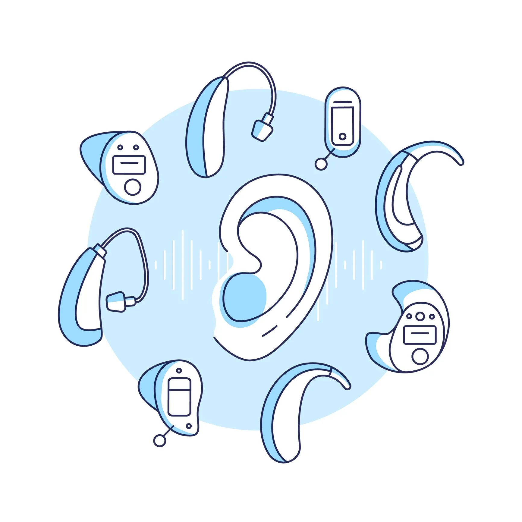 Illustration of an ear surrounded by various styles of hearing aids against a blue circle background.
