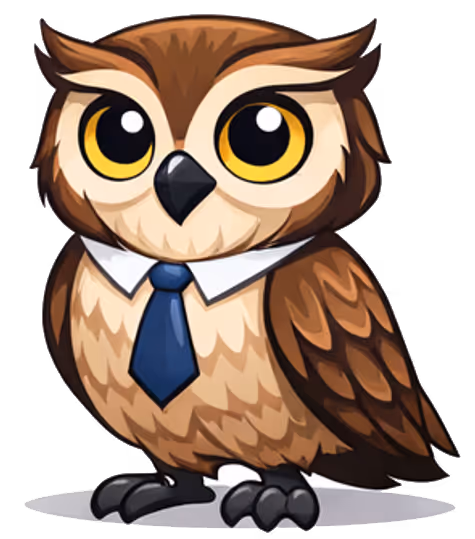 Cartoon owl wearing a white collar and blue tie standing with large yellow eyes.