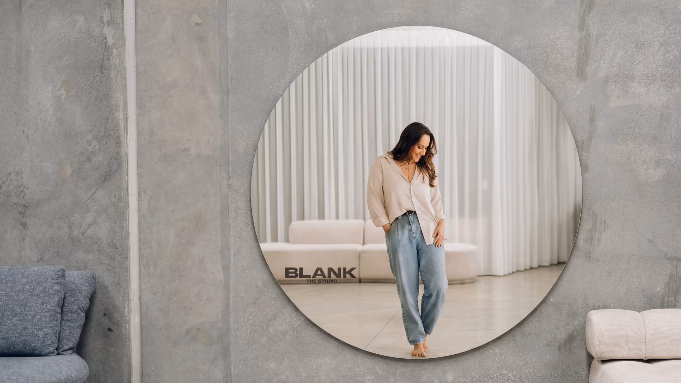 Large round wall mirror at BLANK The Studio for lifestyle, fashion and brand photography in Perth.