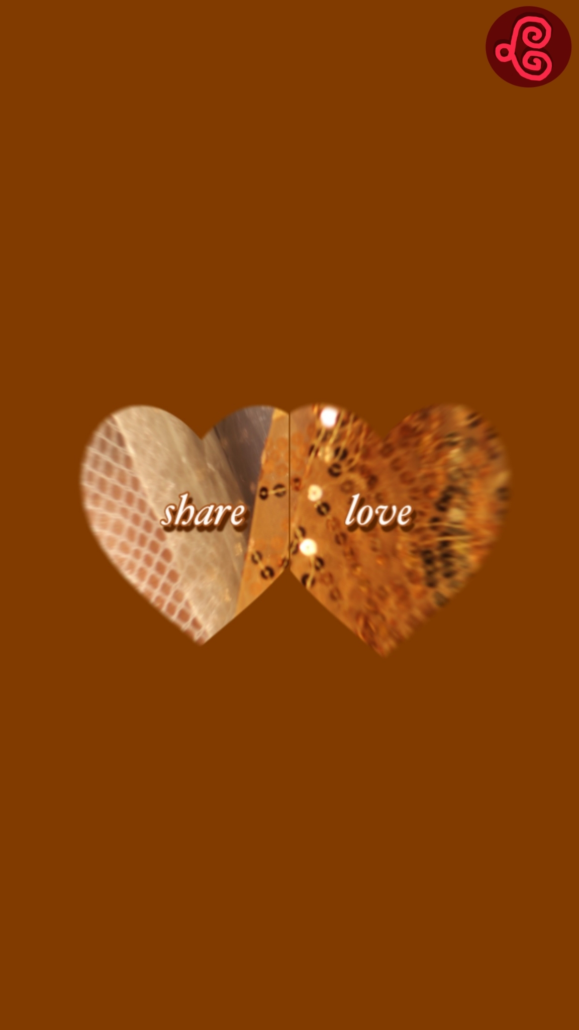 Two masked hearts connect in the center of the screen with the text "share" on the left heart, and "love" on the other. Significance of Breath's play button logo is in the upper righthand corner.