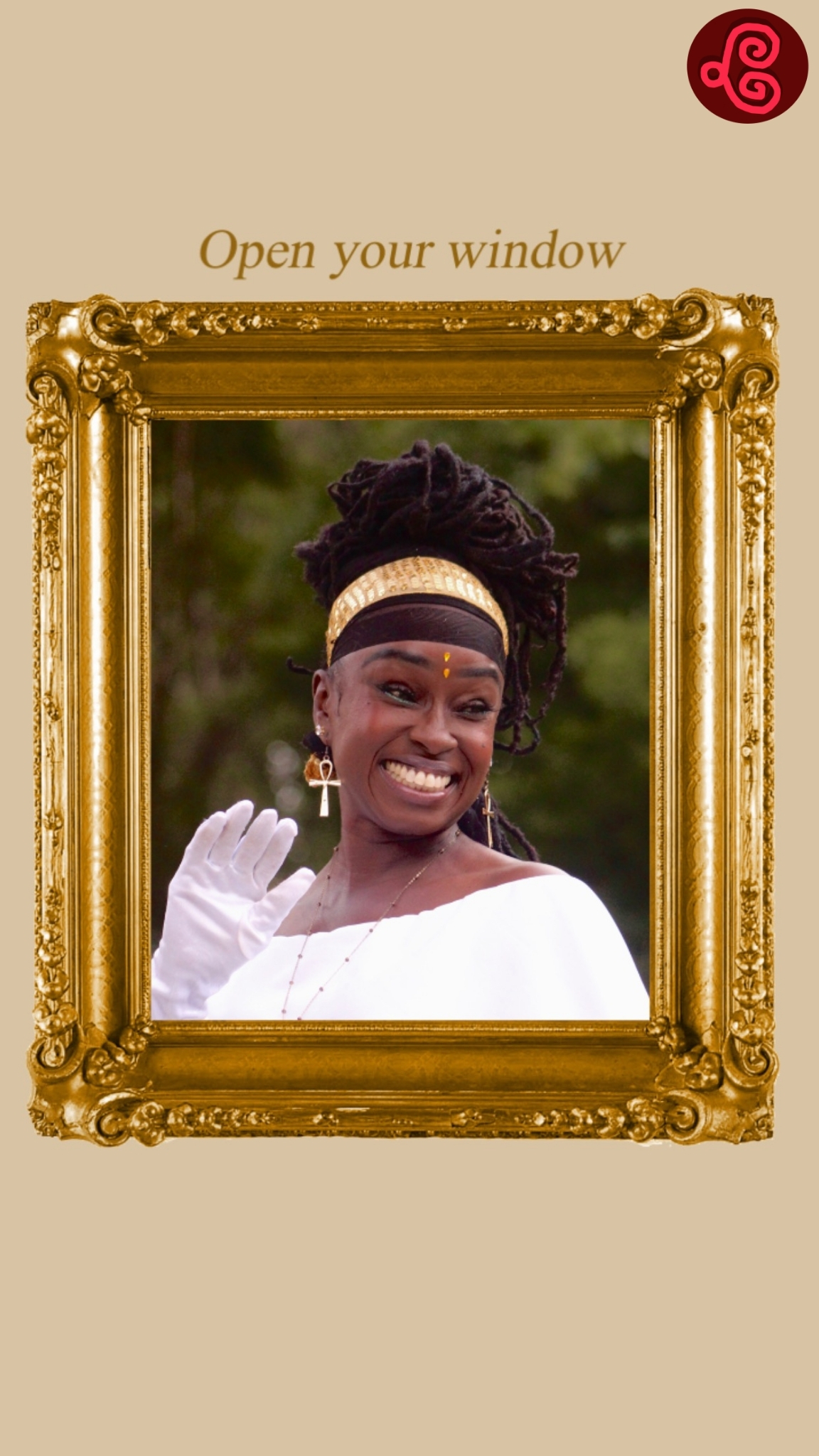 Framed in gold, Queen Sabrina smiles and waves. Significance of Breath's play button logo is in the upper righthand corner.