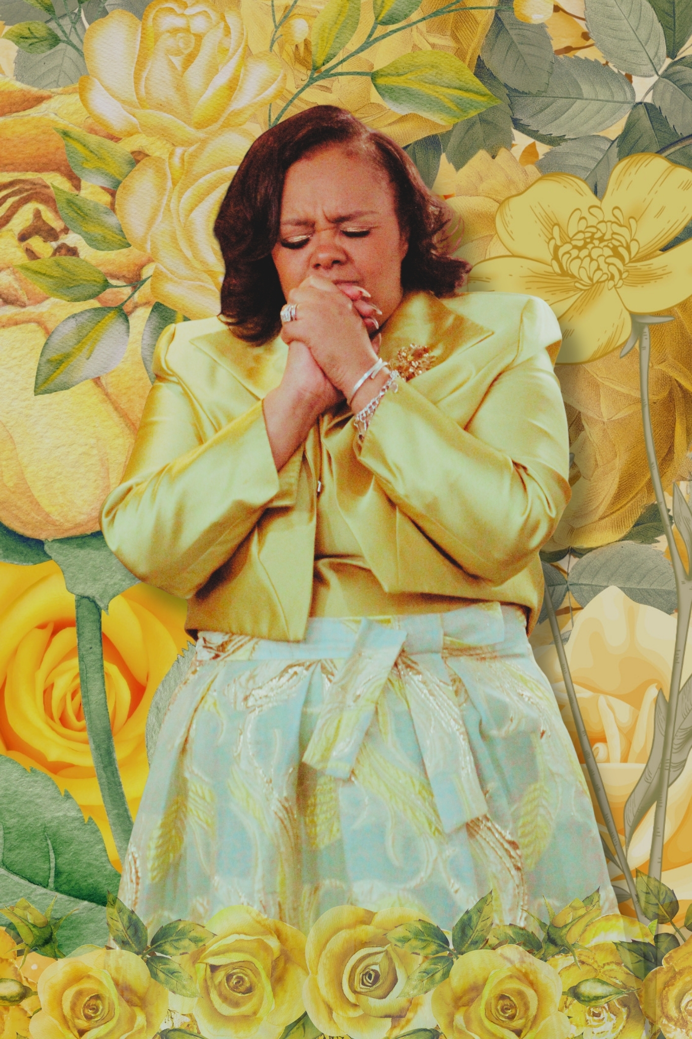 Dr. Shalonda stands in prayer as yellow, lime, and green flowers envelope her in the lower foreground and background.