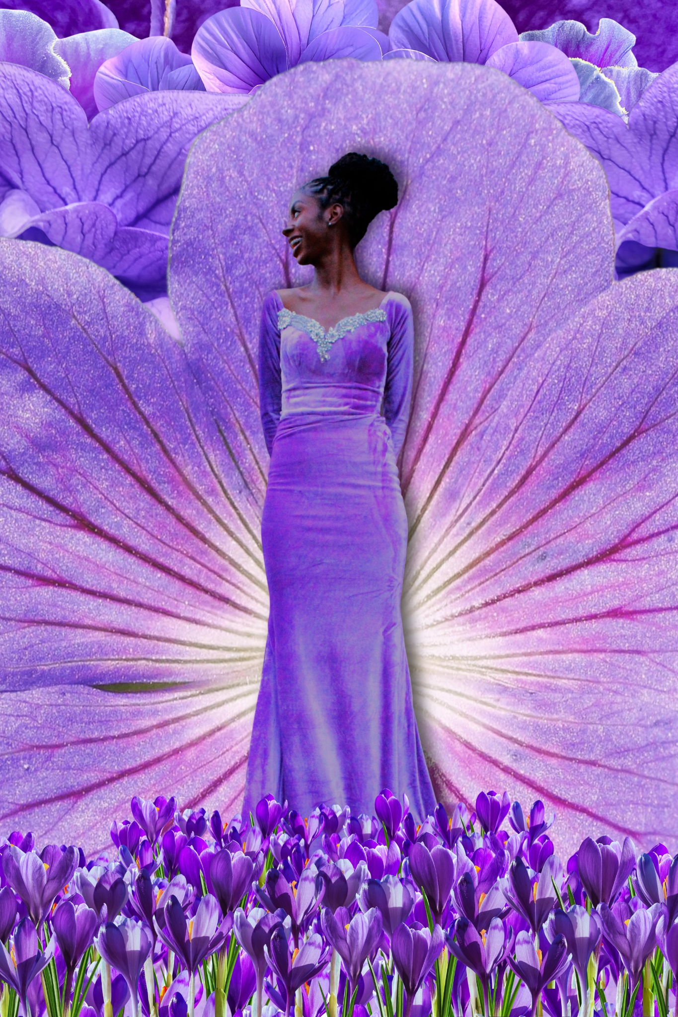 Afiya Userkaf stands in her lavender prom dress as purple flowers creatively envelop her in the lower foreground and background.