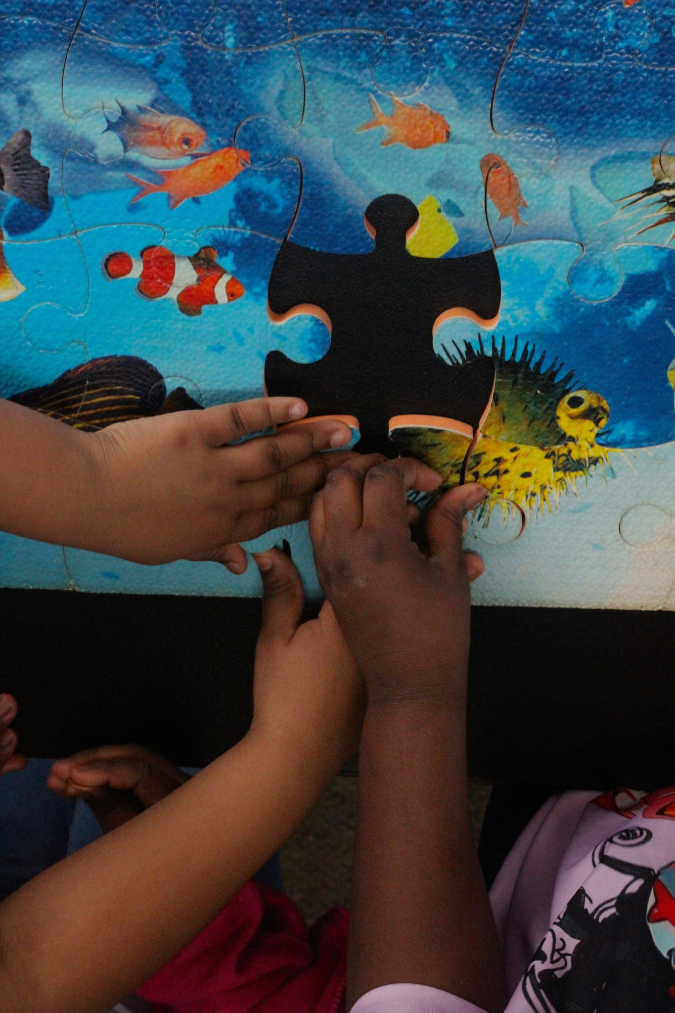 In this overhead shot, the hands of two, black children prepare to place the last puzzle piece.