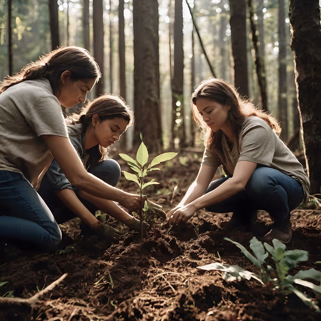 Three young women planting a small tree sapling together in a forest with sunlight filtering through the trees.
