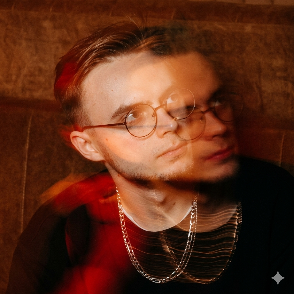 Young man with glasses and chain necklace blurred with double exposure effect.