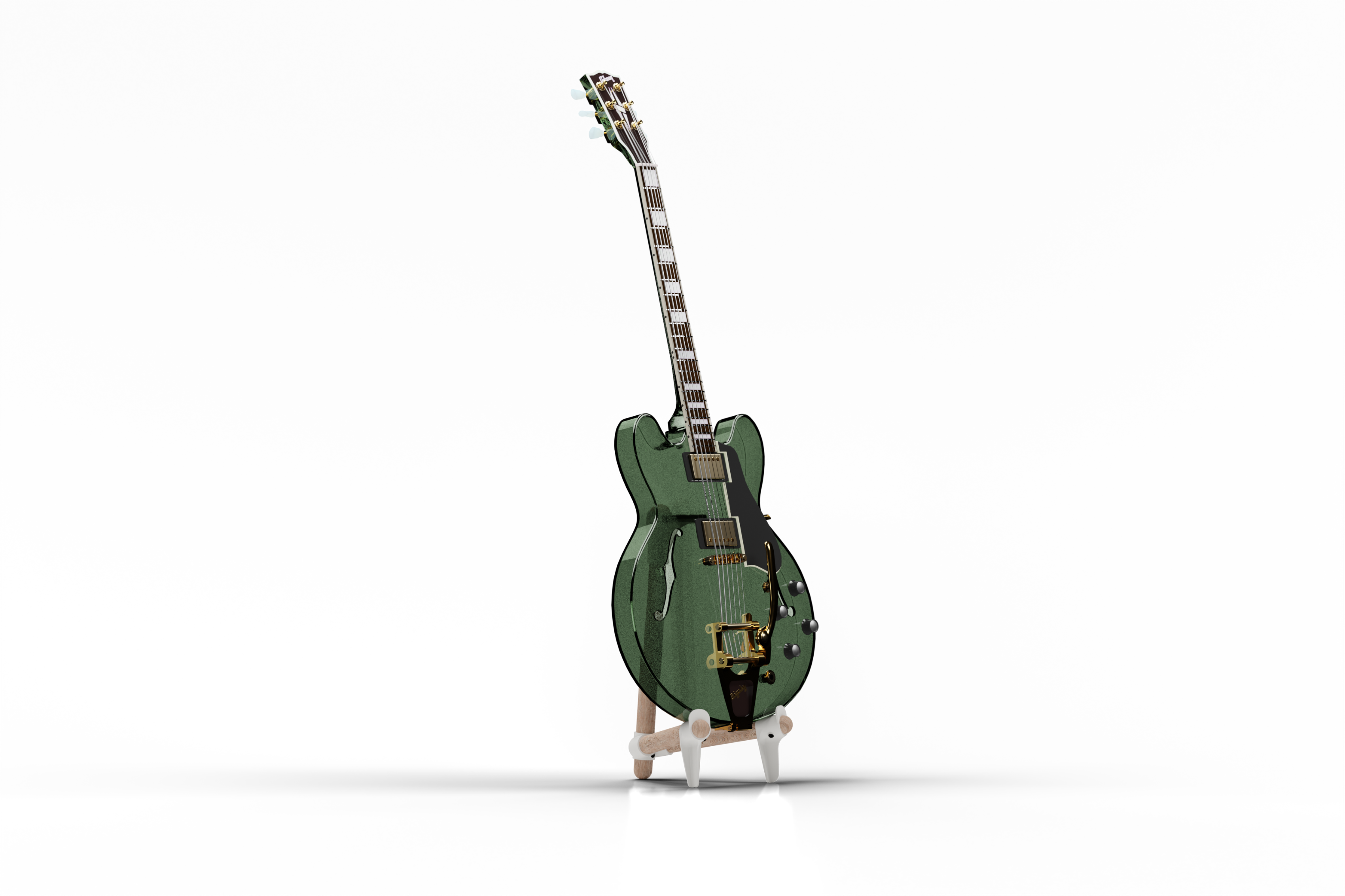 Green semi-hollow electric guitar with gold hardware on a wooden stand against black background.
