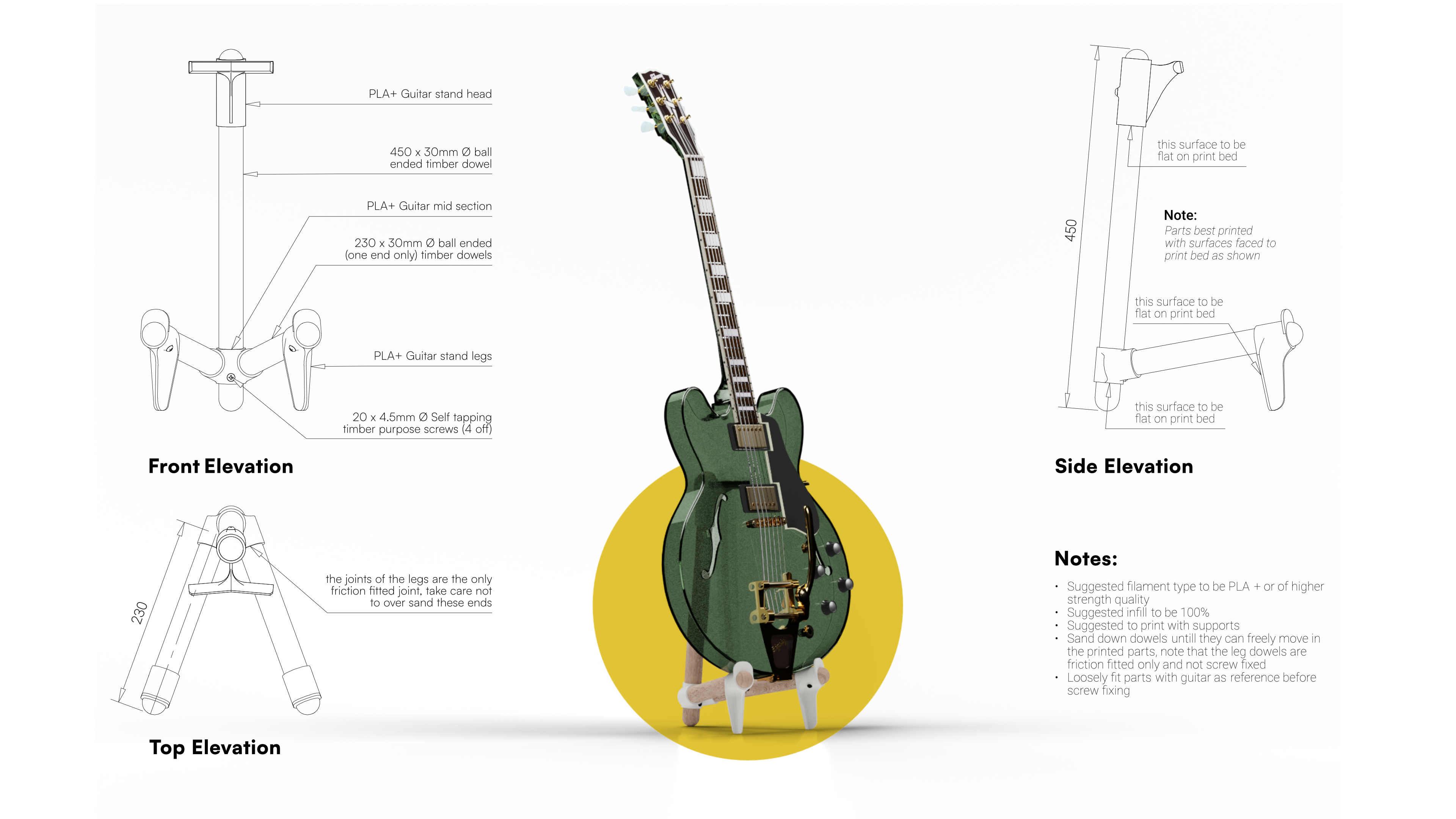 Diagram and CAD drawing of a guitar stand with labeled parts and measurements, alongside a green electric guitar placed on the stand with a yellow circle background.