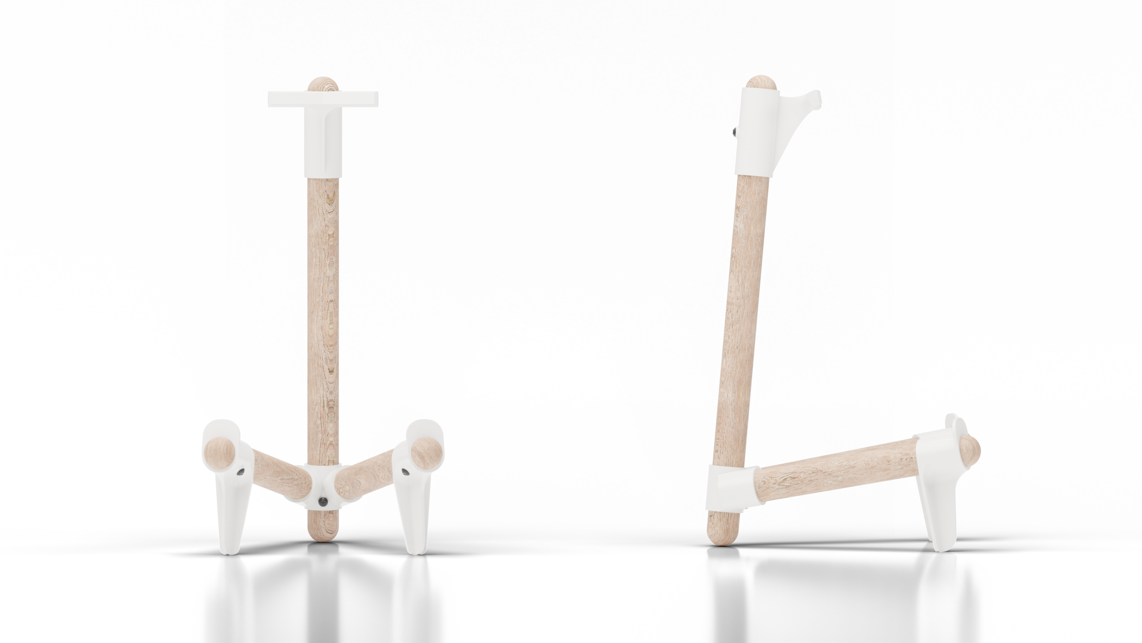 Modern guitar stand with wooden rods and white plastic supports shown from front and side views.