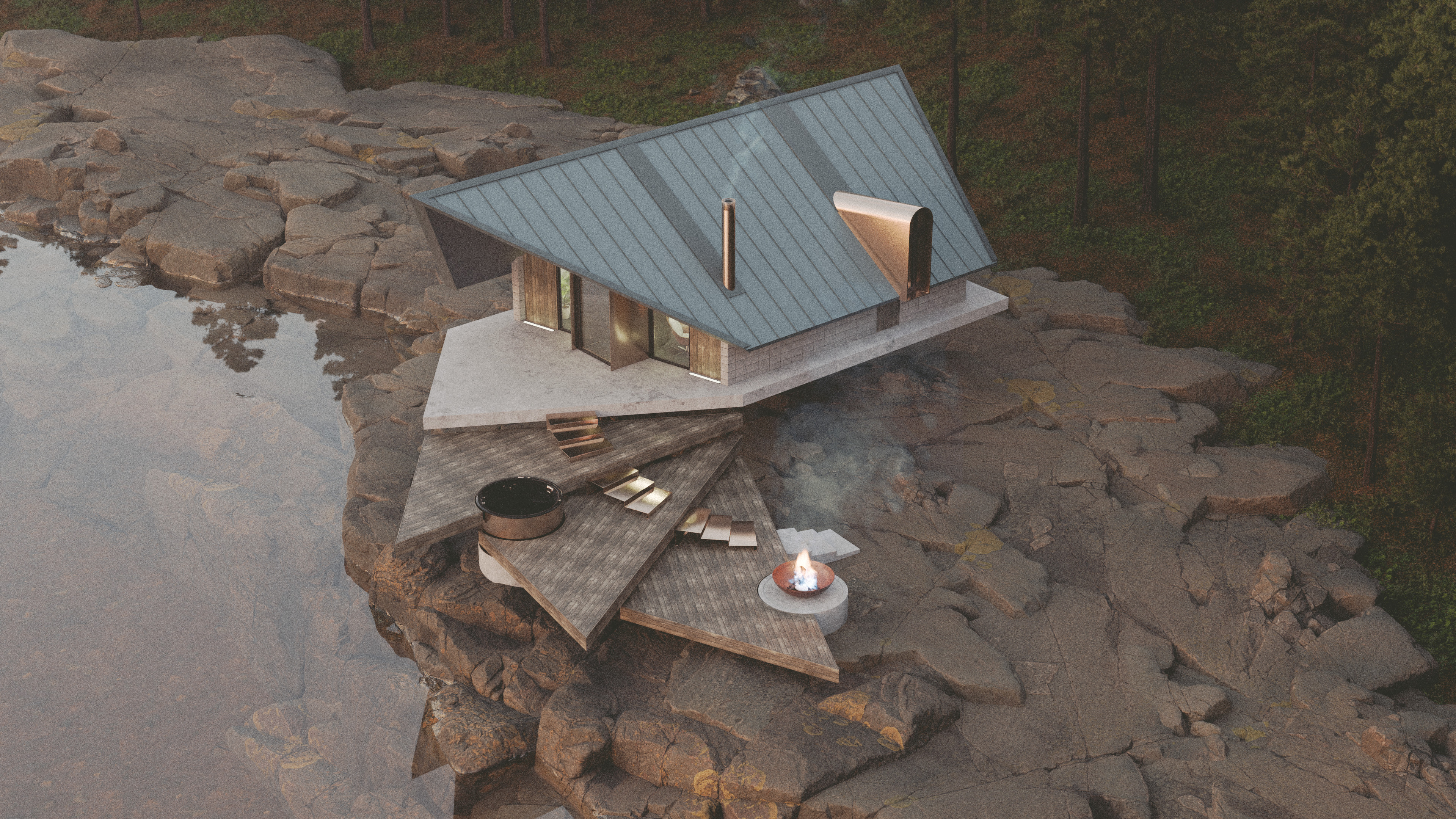 Side-profile render of the LittleBurtle cabin highlighting the dramatic pitch of the birdhouse-inspired roof and its seamless integration with the natural environment.