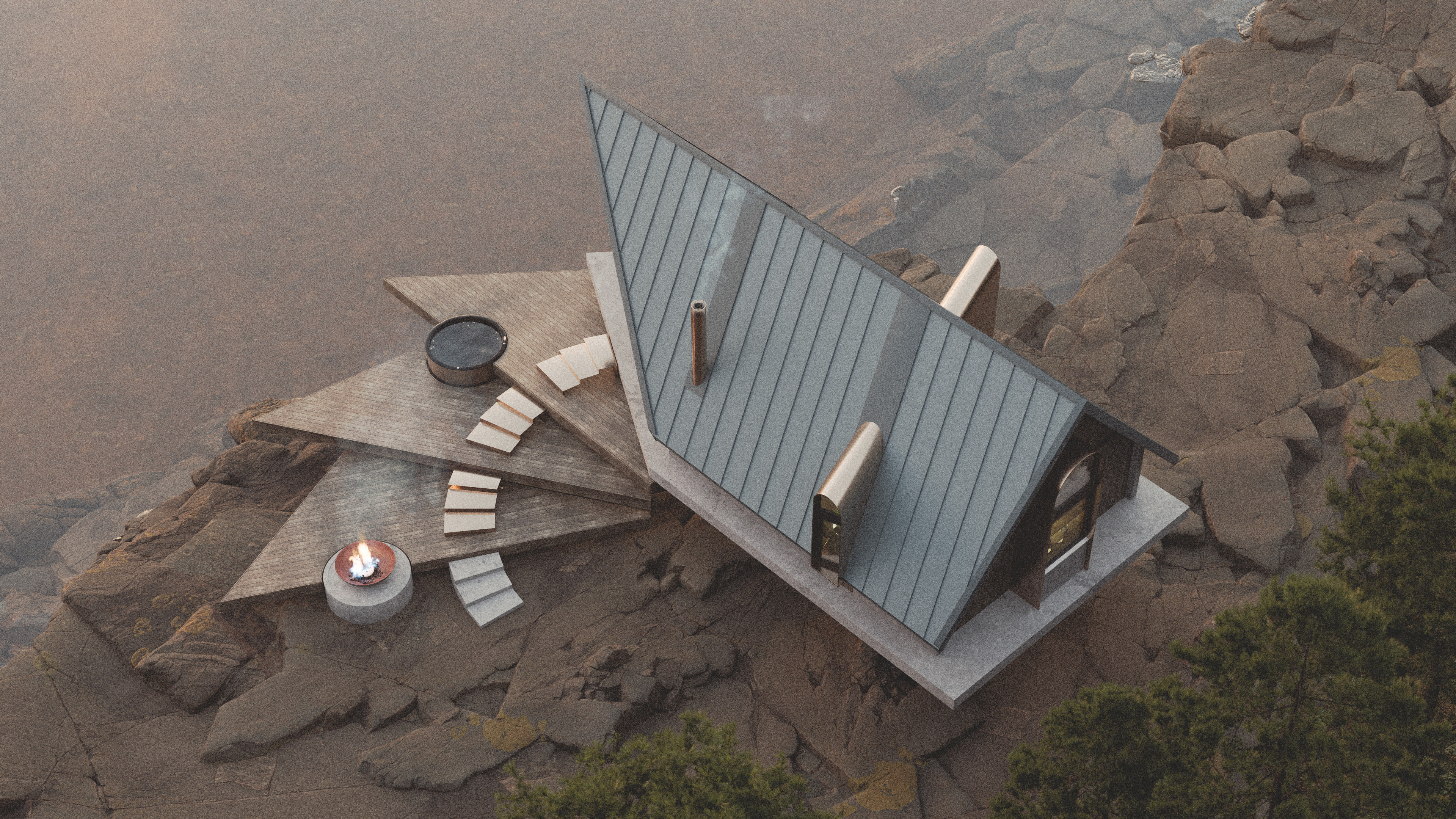 Close-up exterior architectural render of the LittleBurtle cabin, focusing on the refined cladding details and the expansive outdoor deck.