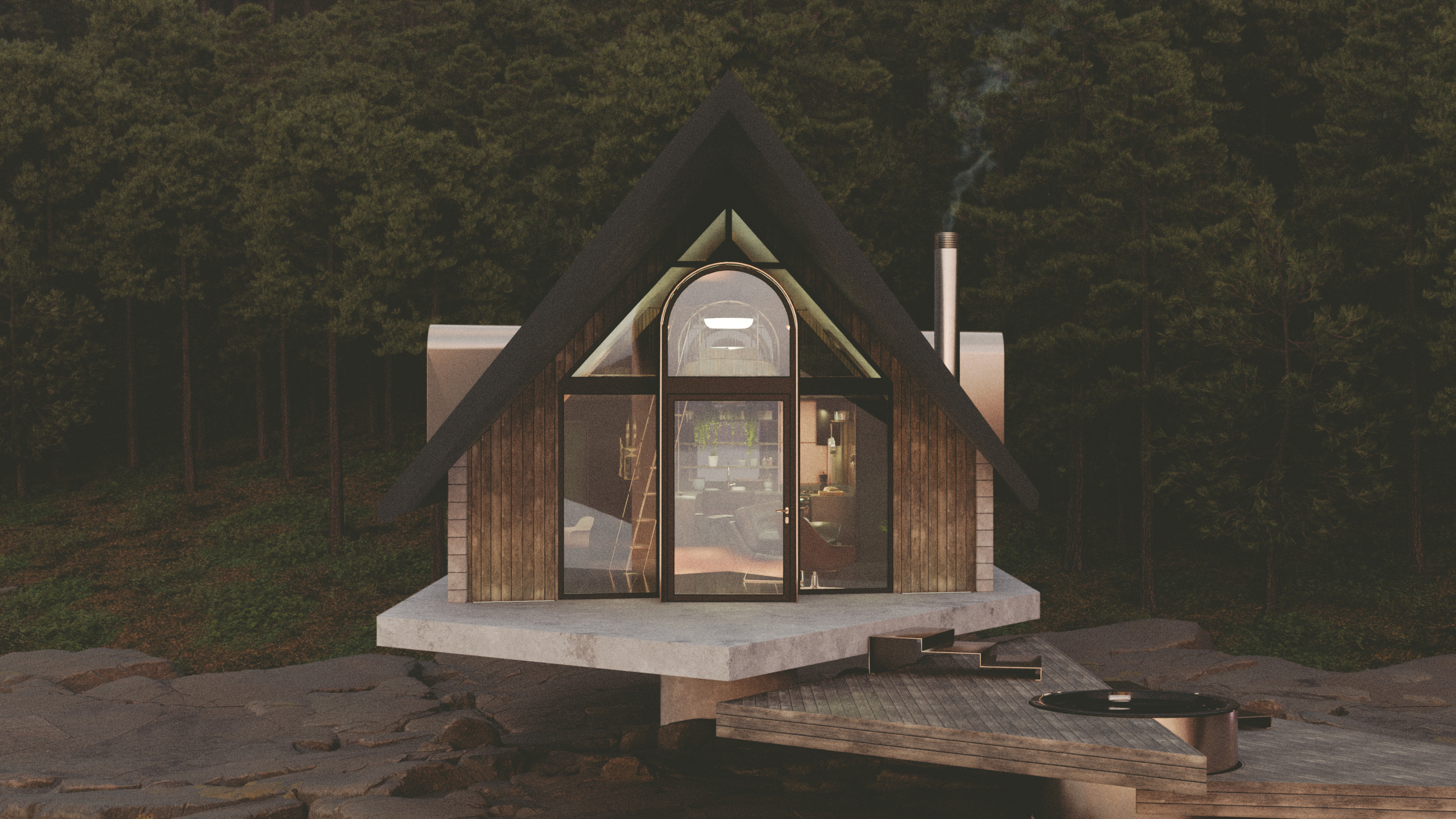 Low-angle render of the LittleBurtle cabin, emphasising the sturdy board-formed concrete stilt that elevates the structure above the forest floor.