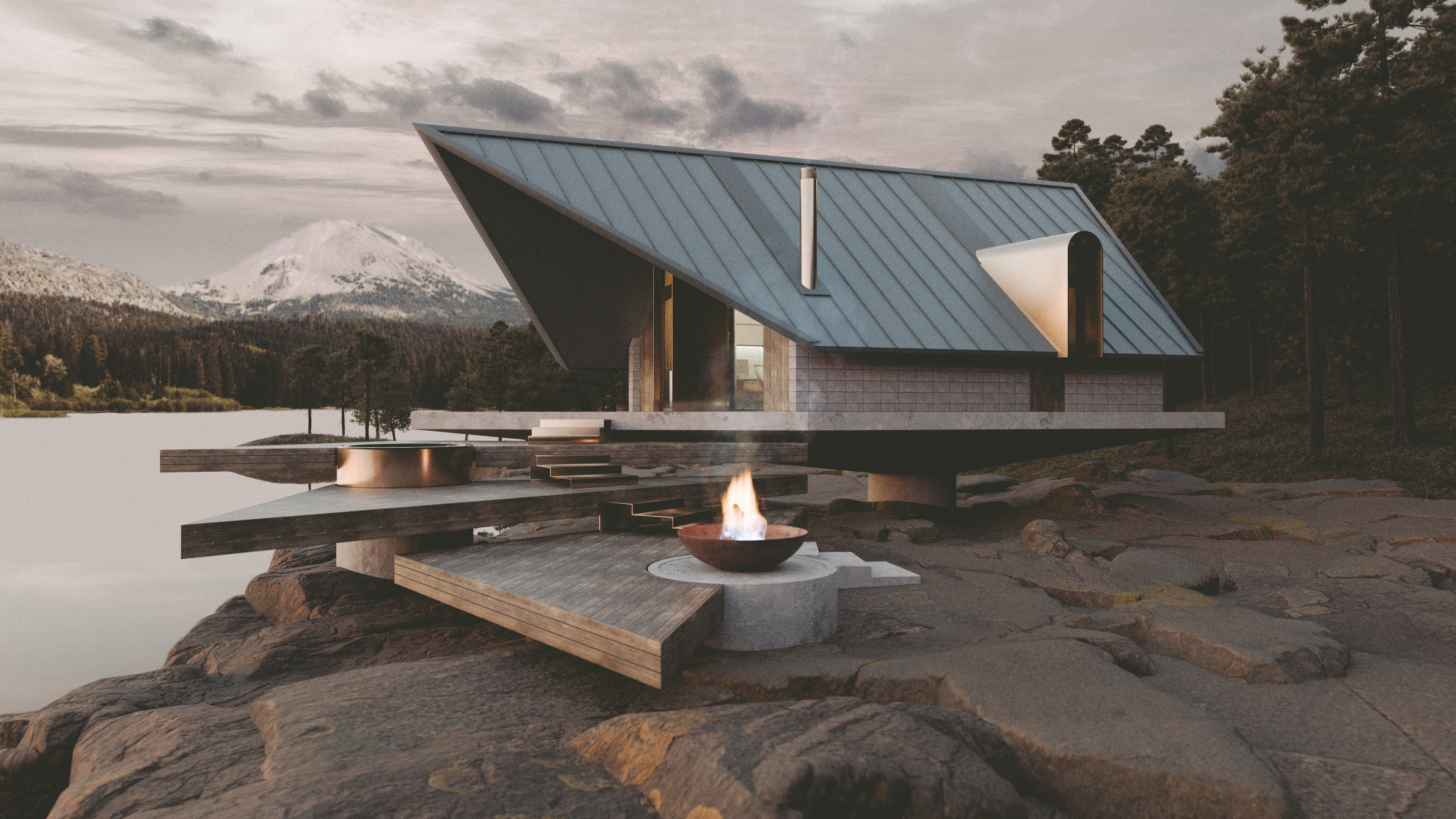 Wide architectural visualisation of the LittleBurtle retreat illuminated at dusk, glowing warmly from within against a dense forest backdrop.