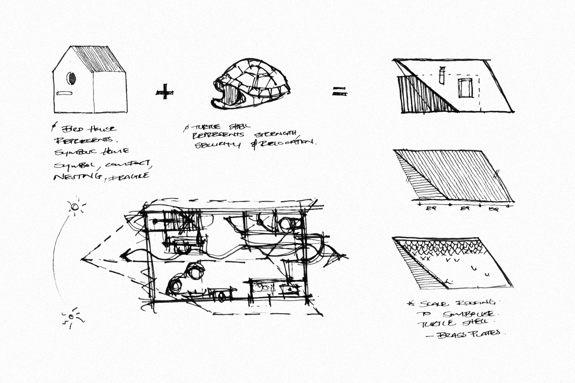 Hand-drawn conceptual sketches of the LittleBurtle cabin, showing early explorations of the elevated stilt foundation, sloped roof iterations, and floor plan layouts.