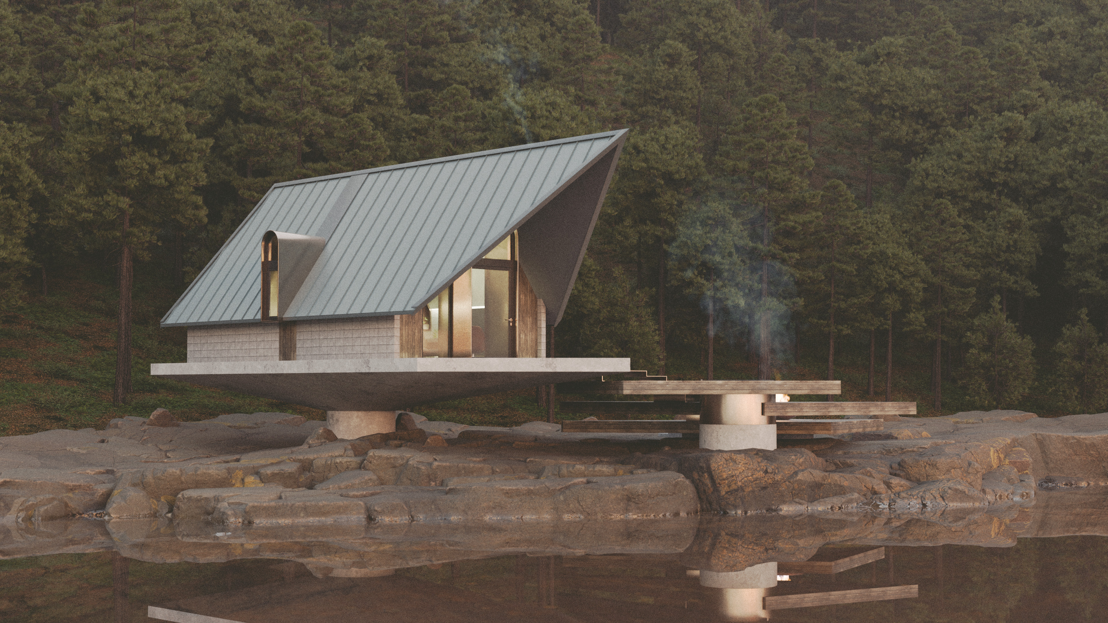 Exterior view of the LittleBurtle cabin nestled in a forest, showcasing its standing-seam metal cladding, warm wood finishes, and large terrace.
