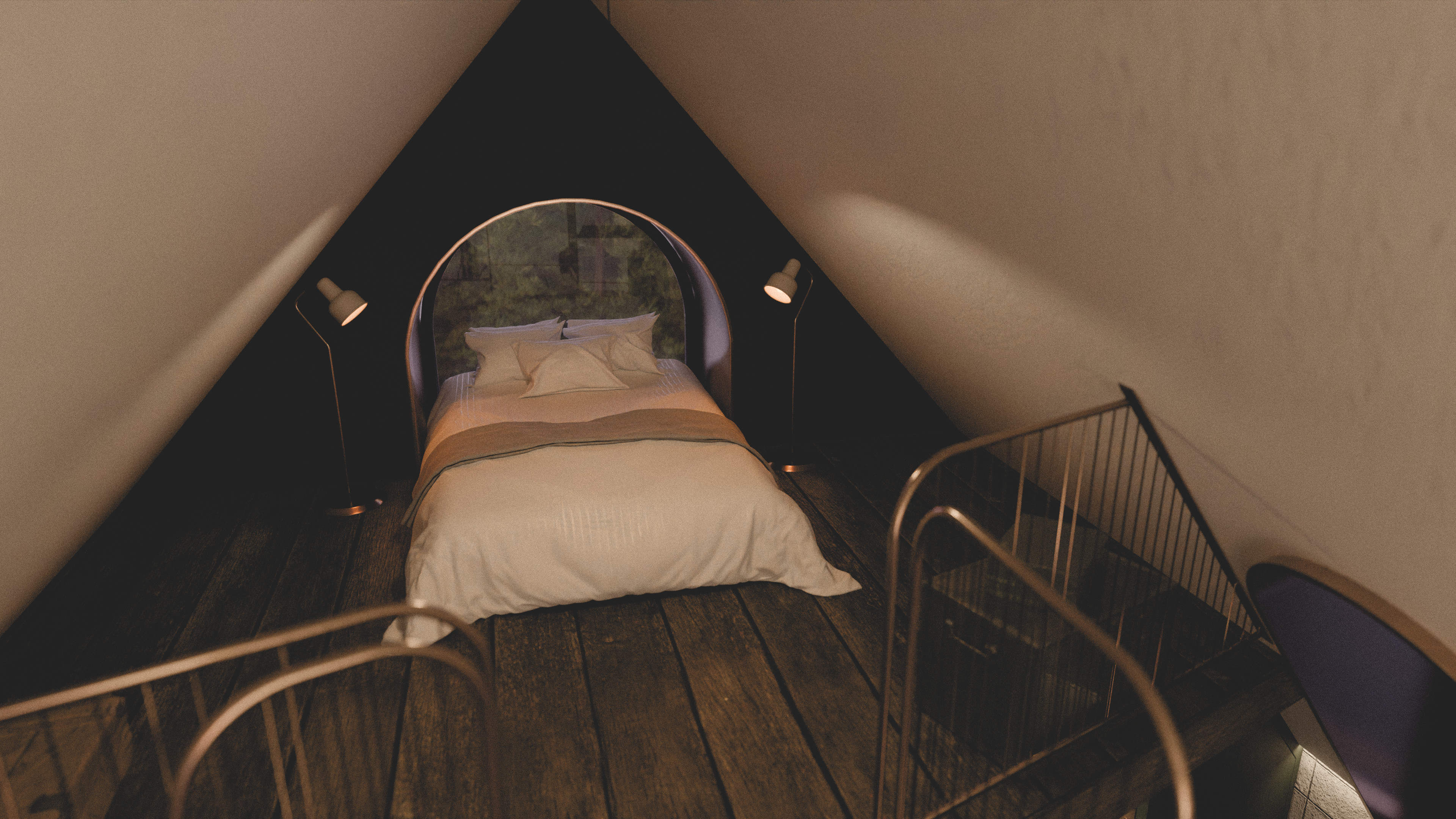Render of the cosy sleeping loft inside the LittleBurtle cabin, functioning as a serene, nest-like alcove tucked beneath the sloped ceiling.
