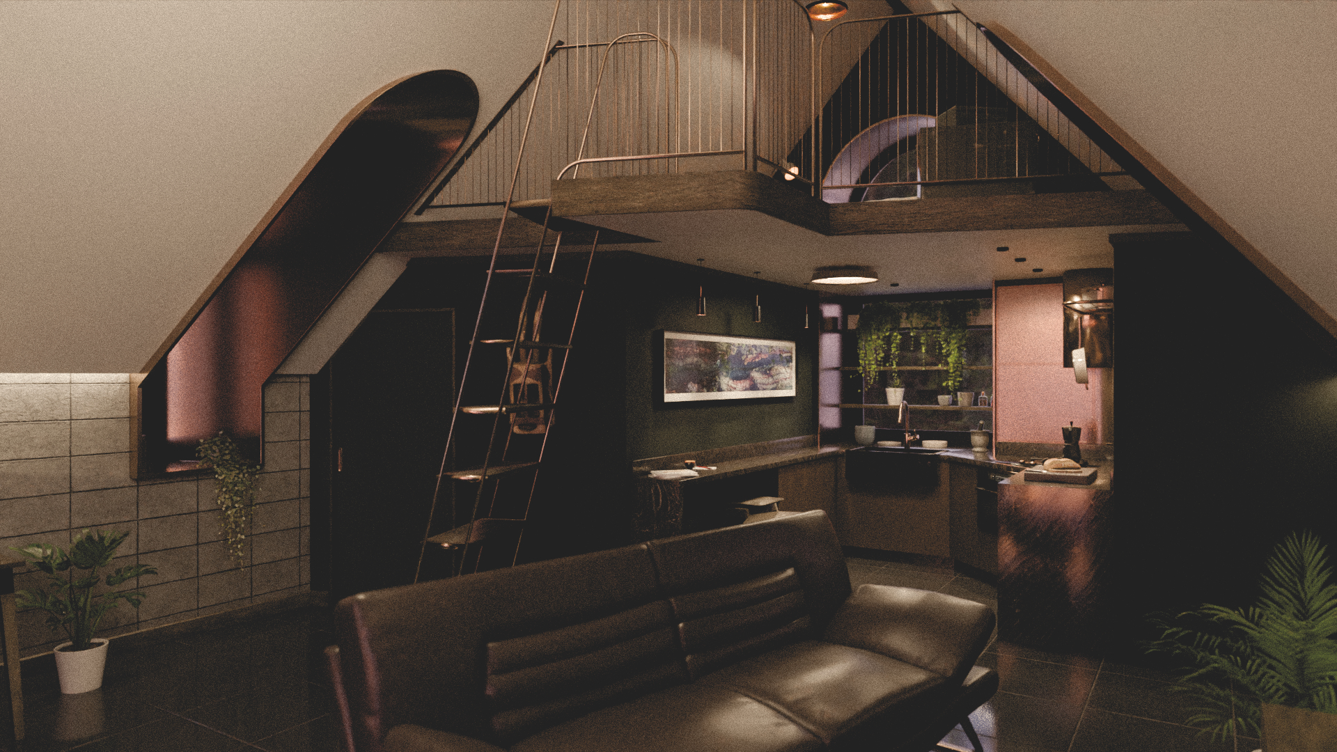Interior render of the LittleBurtle cabin living area, featuring dark, moody tones, warm textures, and abundant natural light filtering through large windows.