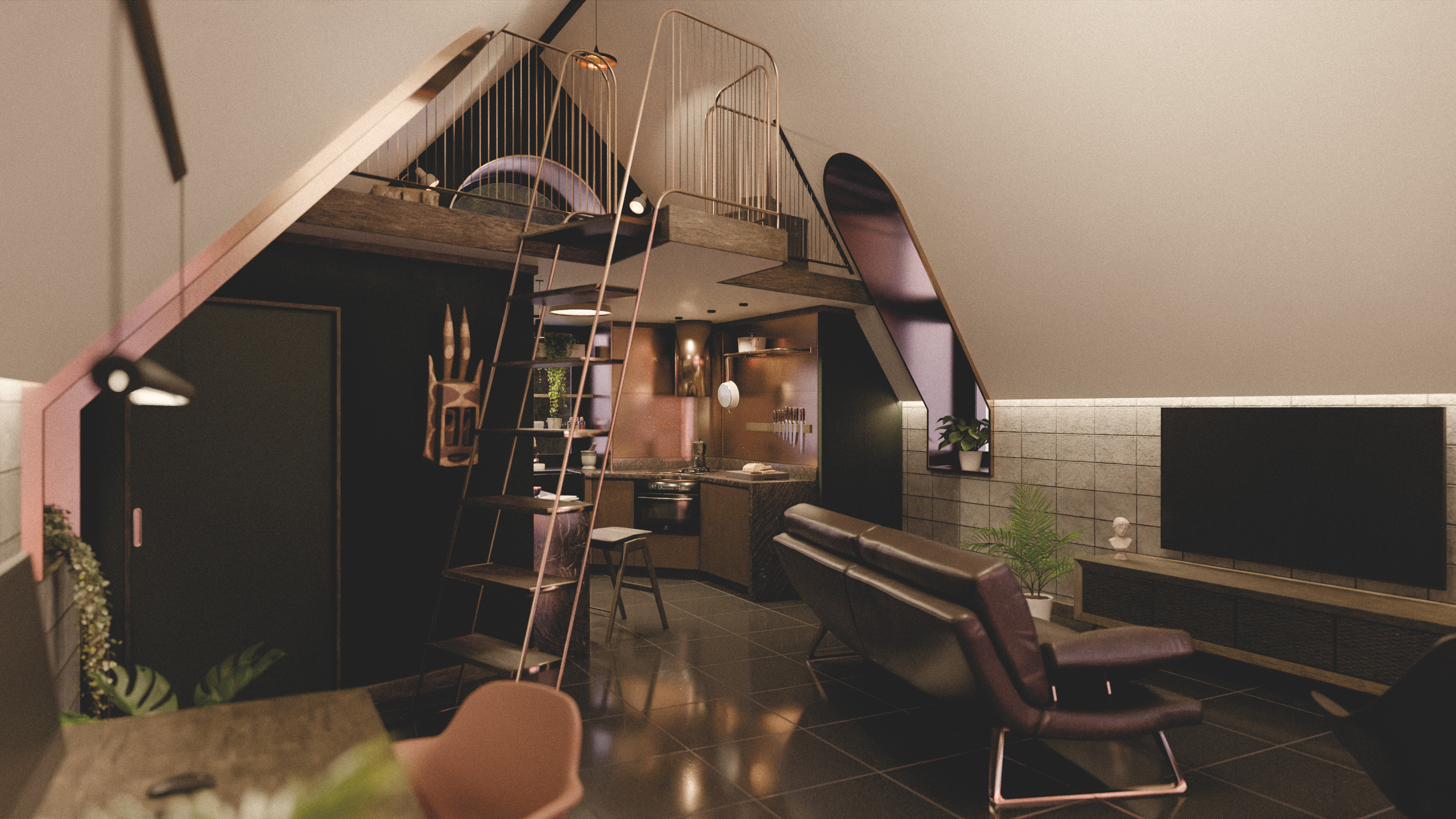 Interior view of the compact kitchen and dining zone, highlighting efficient space usage and elegant metallic copper accents.