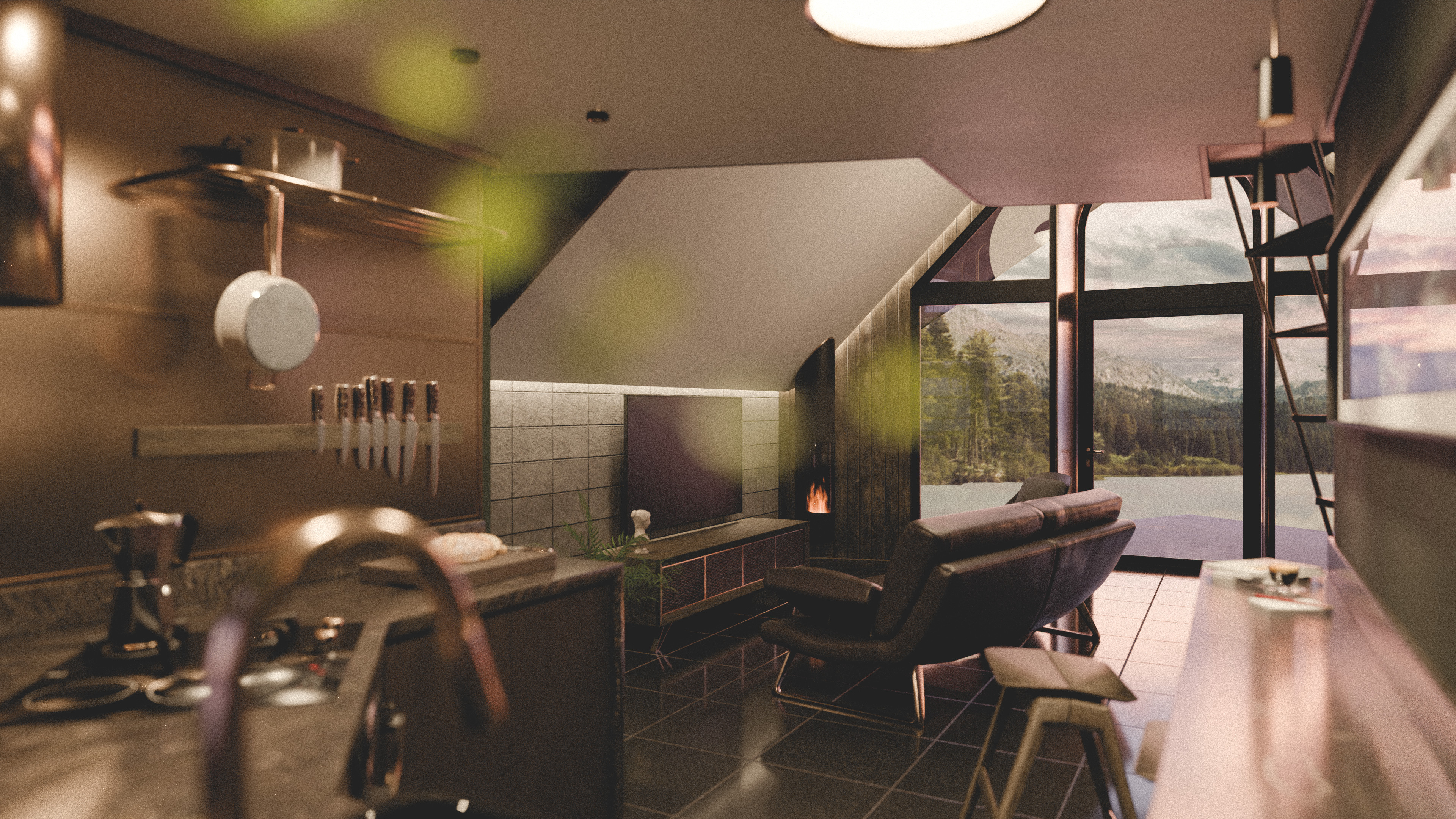 Interior view of the compact kitchen and dining zone, highlighting efficient space usage and elegant metallic copper accents.