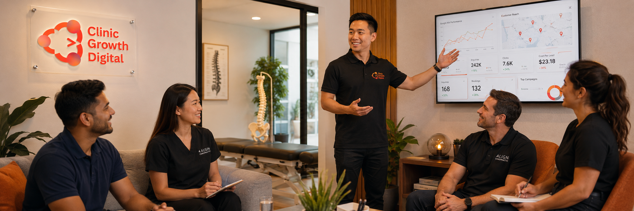 A man in Clinic Growth Digital shirt presents digital marketing data to four colleagues in a medical office.