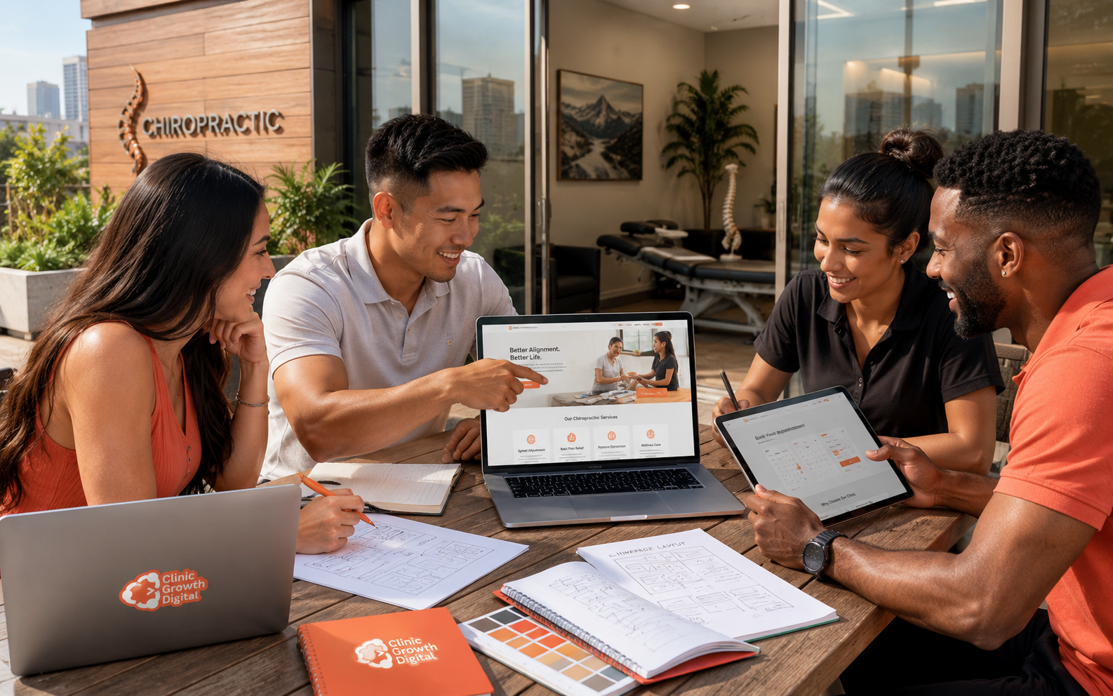 Four people collaborating on chiropractic clinic digital marketing and website design outdoors.