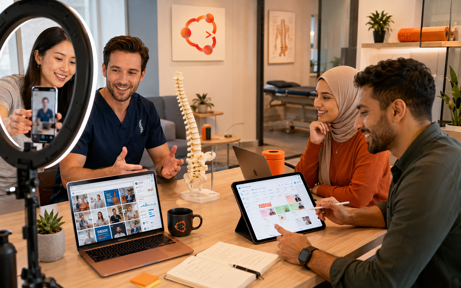 Four diverse professionals collaborate with laptops, a tablet, and a spine model in a modern office.