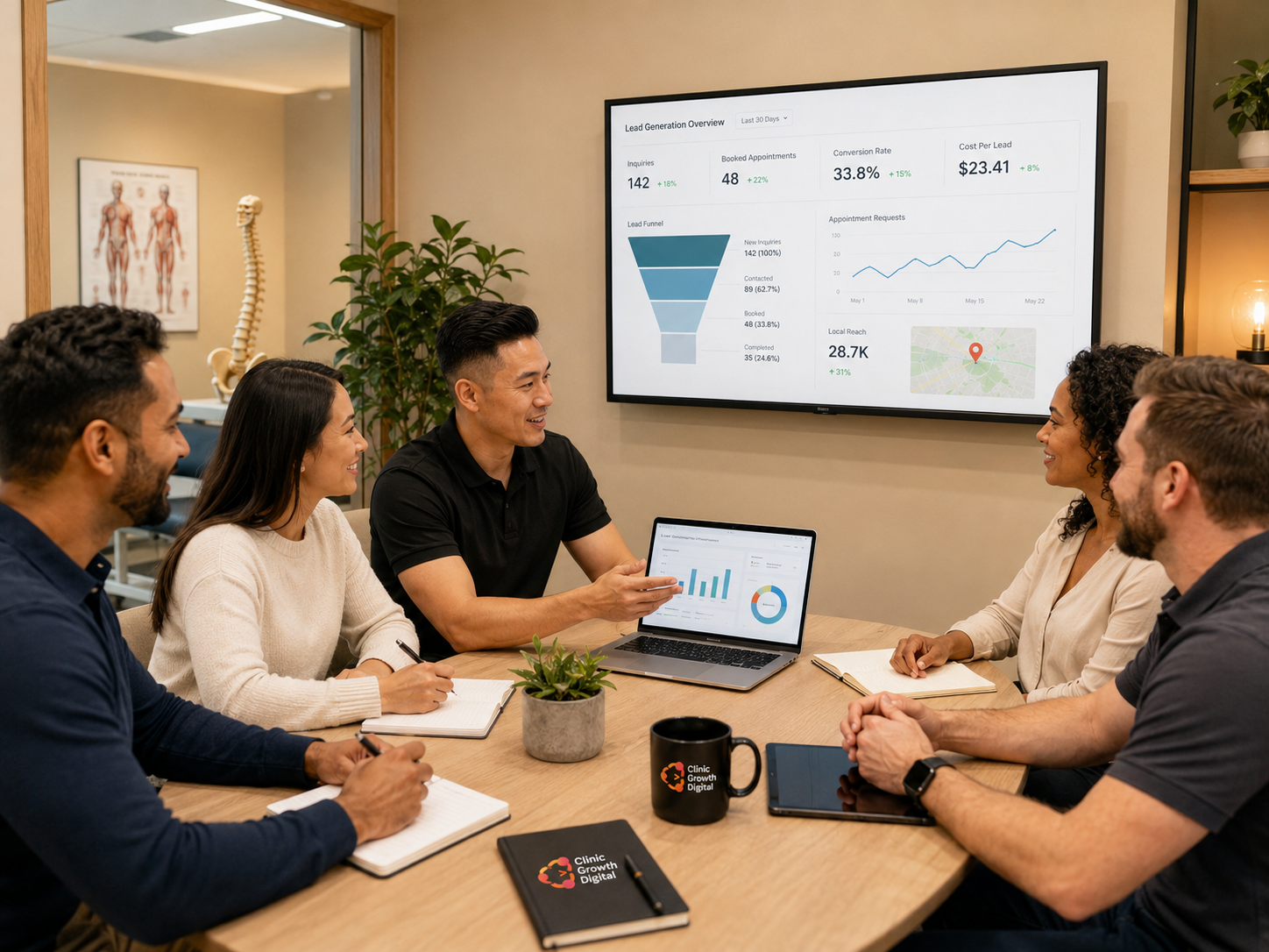 Five people sitting around a table discussing lead generation data displayed on a laptop and wall screen.