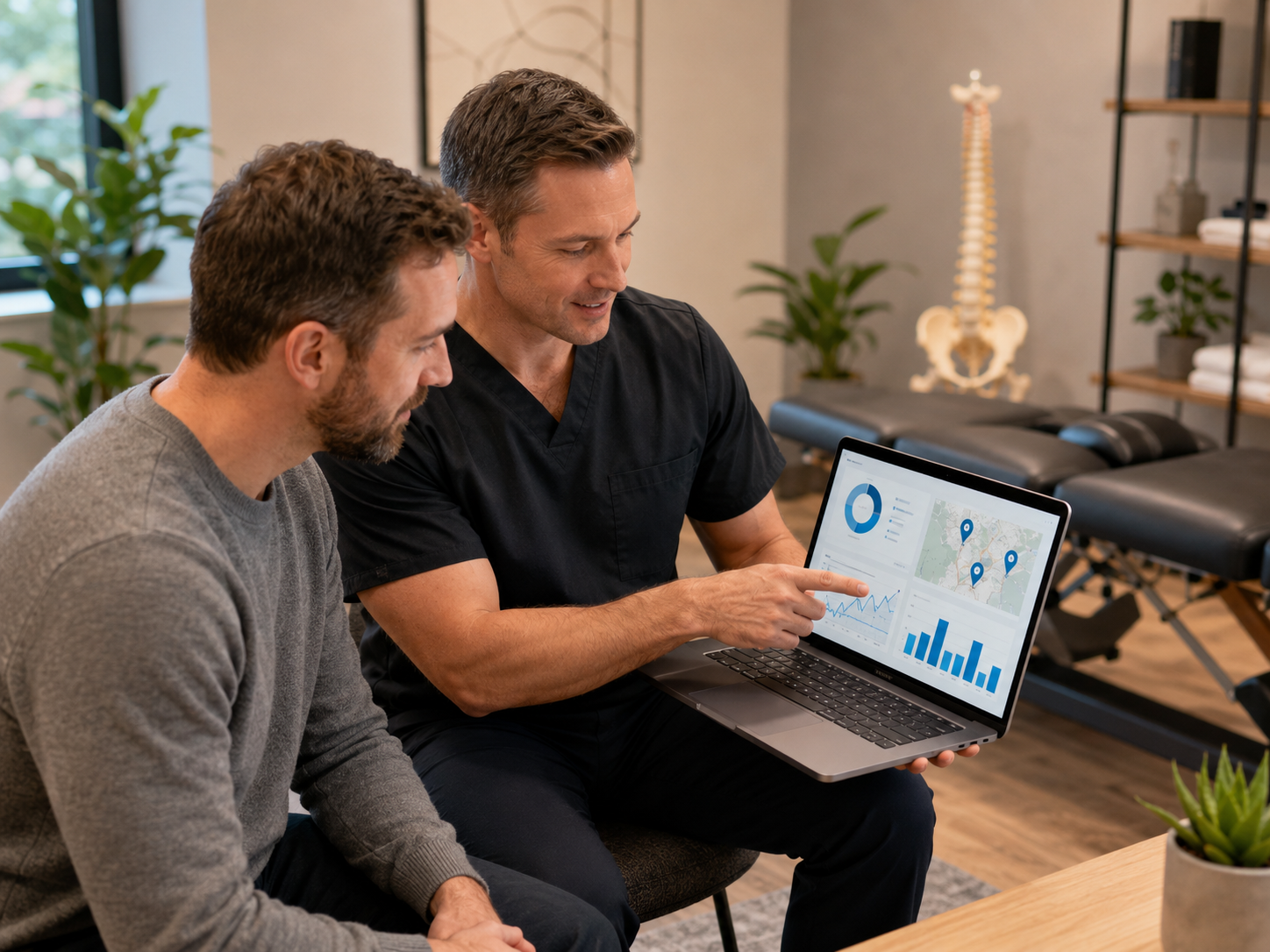 Chiropractic clinic team reviewing local SEO and appointment growth on a laptop