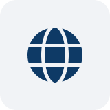 Globe icon symbolizing worldwide or internet within a rounded blue square button.