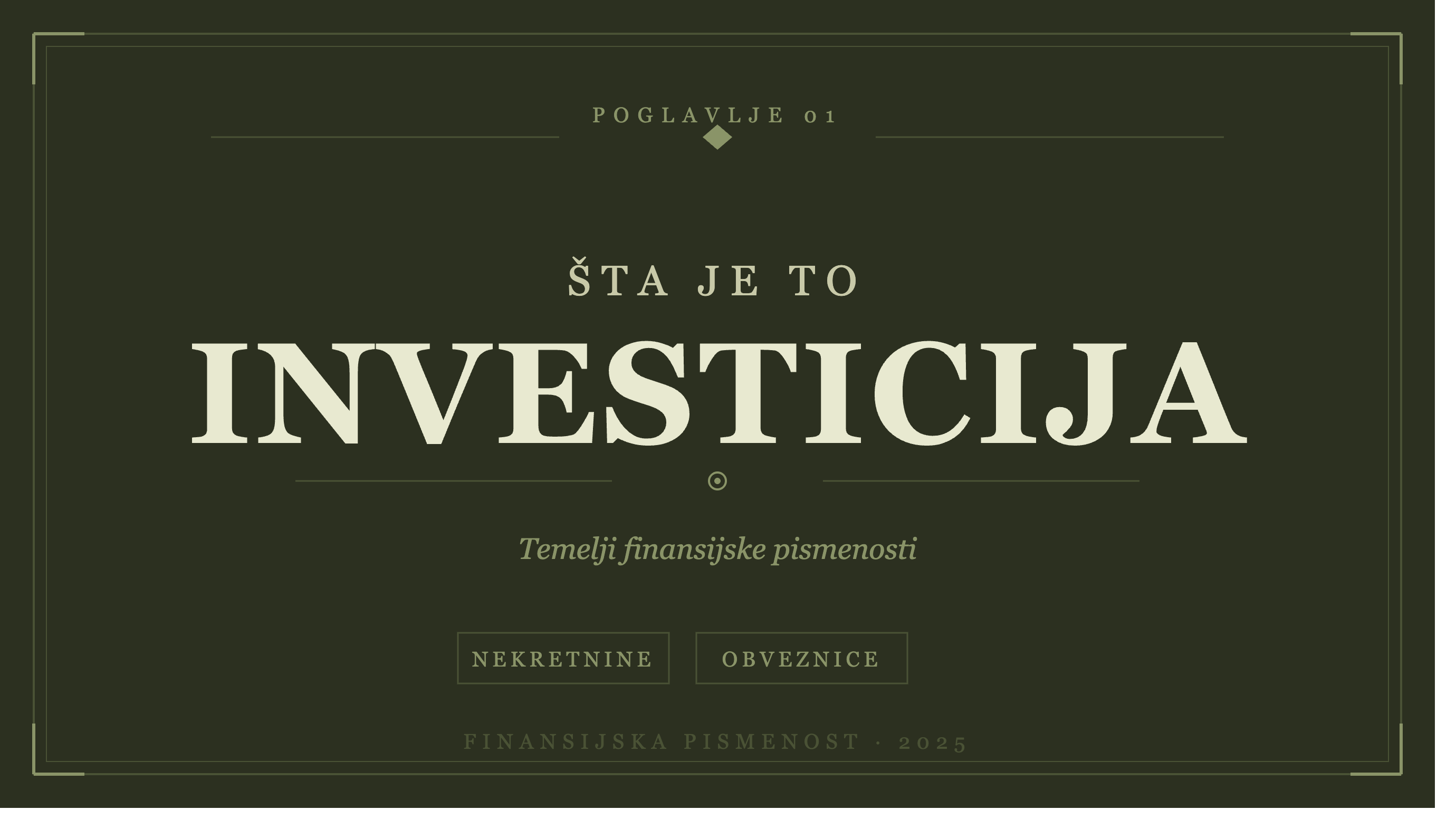 Tamno zelena naslovnica sa tekstom "Šta je to investicija?" – uvod u osnove finansijske pismenosti
