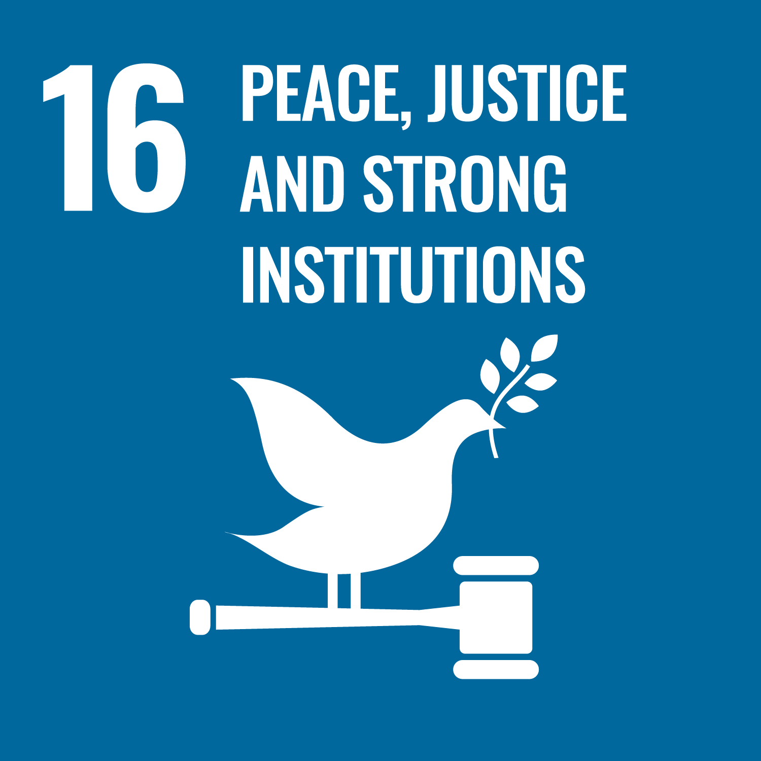White dove holding olive branch perched on a judge's gavel on a blue background with goal 16 text.