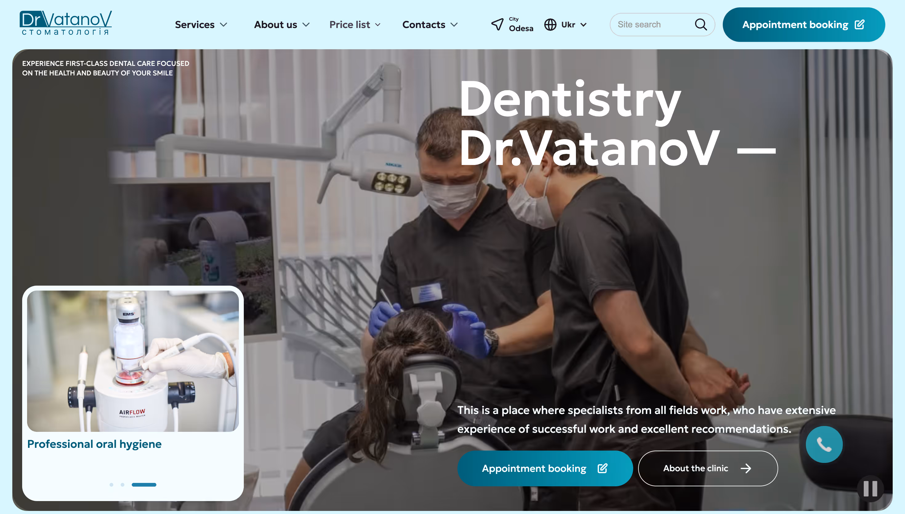 Dr.VatanoV dental clinic website homepage with a cinematic hero section and appointment-focused interface.