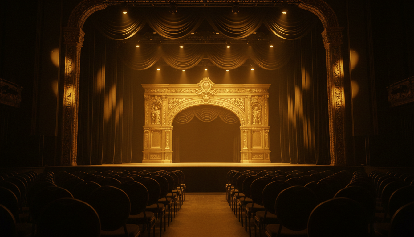 Grand ballroom stage with dramatic gold and black concert lighting set up for a corporate event