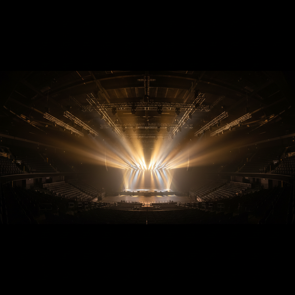 Darkened large-scale entertainment venue interior with sweeping stage lighting and theatrical rigging