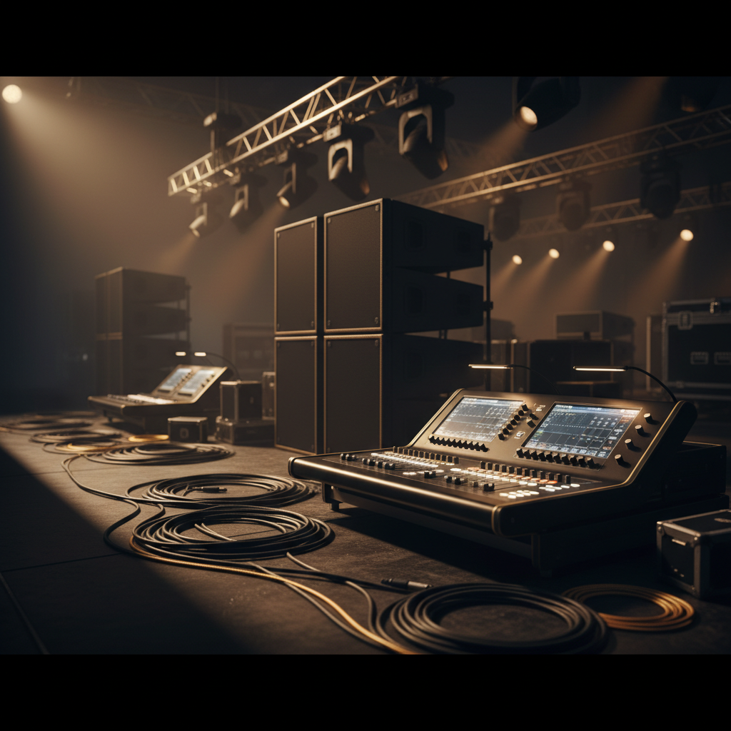 Professional stage production equipment including speakers, lighting fixtures, and a mixing console on a darkened event stage
