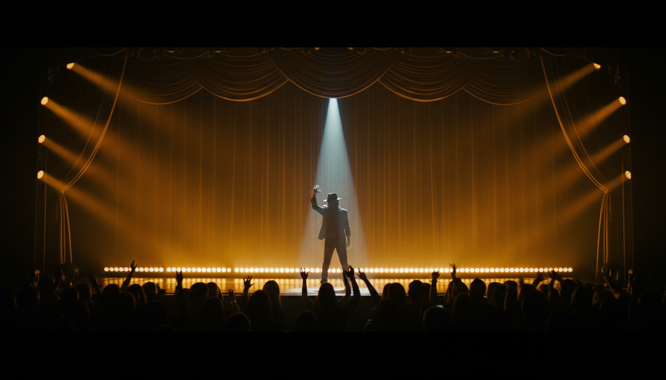 Silhouetted performer in a fedora on a dramatically lit Las Vegas stage with gold spotlights and a haze-filled concert atmosphere