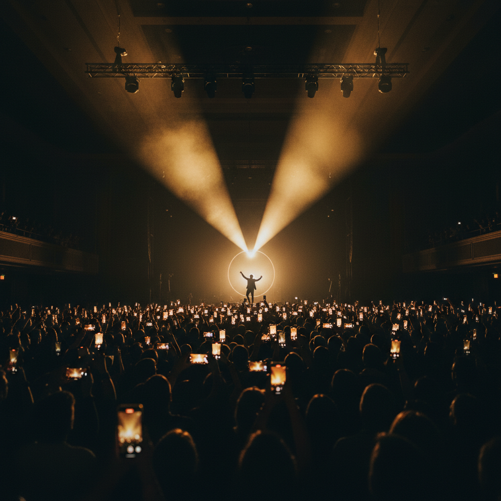 Concert audience members holding up glowing smartphones to film a dramatically spotlit silhouetted performer on a distant dark stage