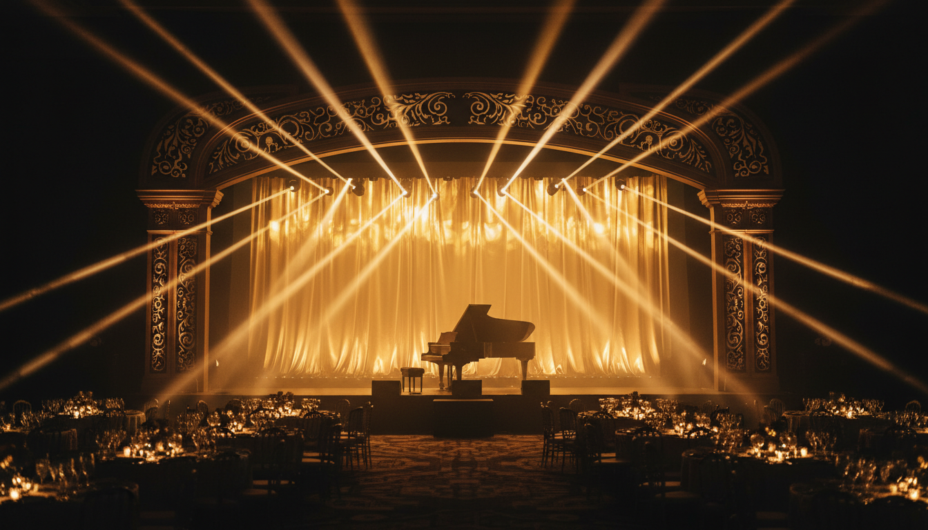 Grand ballroom event stage with dramatic gold and black concert lighting and an ornate proscenium arch
