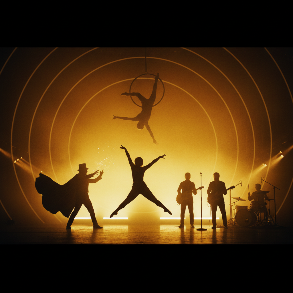 Silhouettes of various event entertainment acts including an aerialist, magician, band, and dancer on a dramatically lit stage