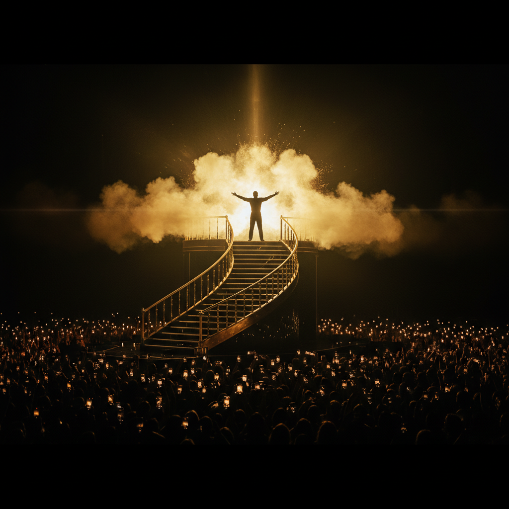 Silhouetted performer at the top of a grand staircase engulfed in golden stage light with audience glow below
