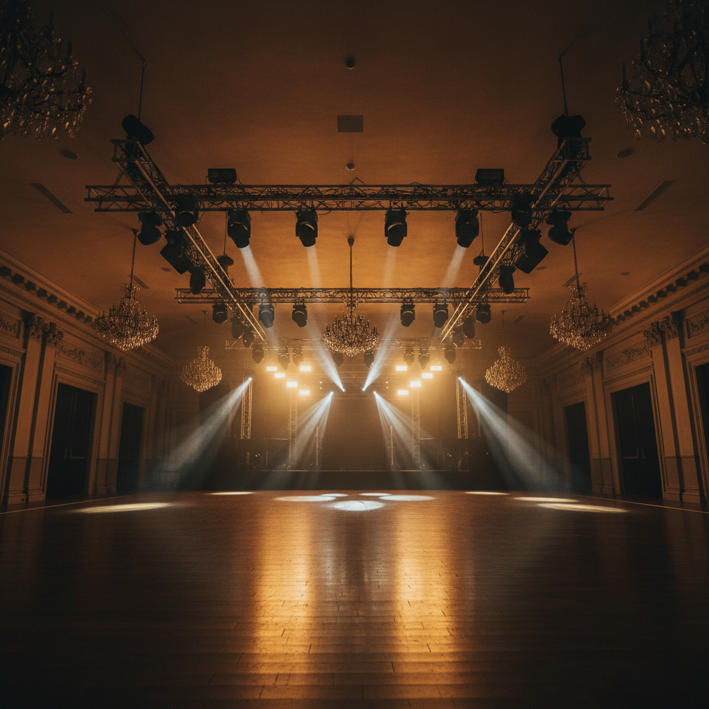 Low-angle view of grand ballroom stage rigging and theatrical lighting trusses with warm gold light and haze