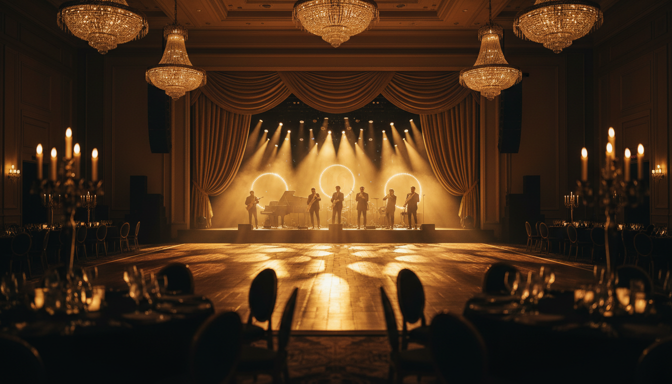Grand ballroom with dramatic gold stage lighting, crystal chandeliers, and silhouetted musicians on a concert-lit stage