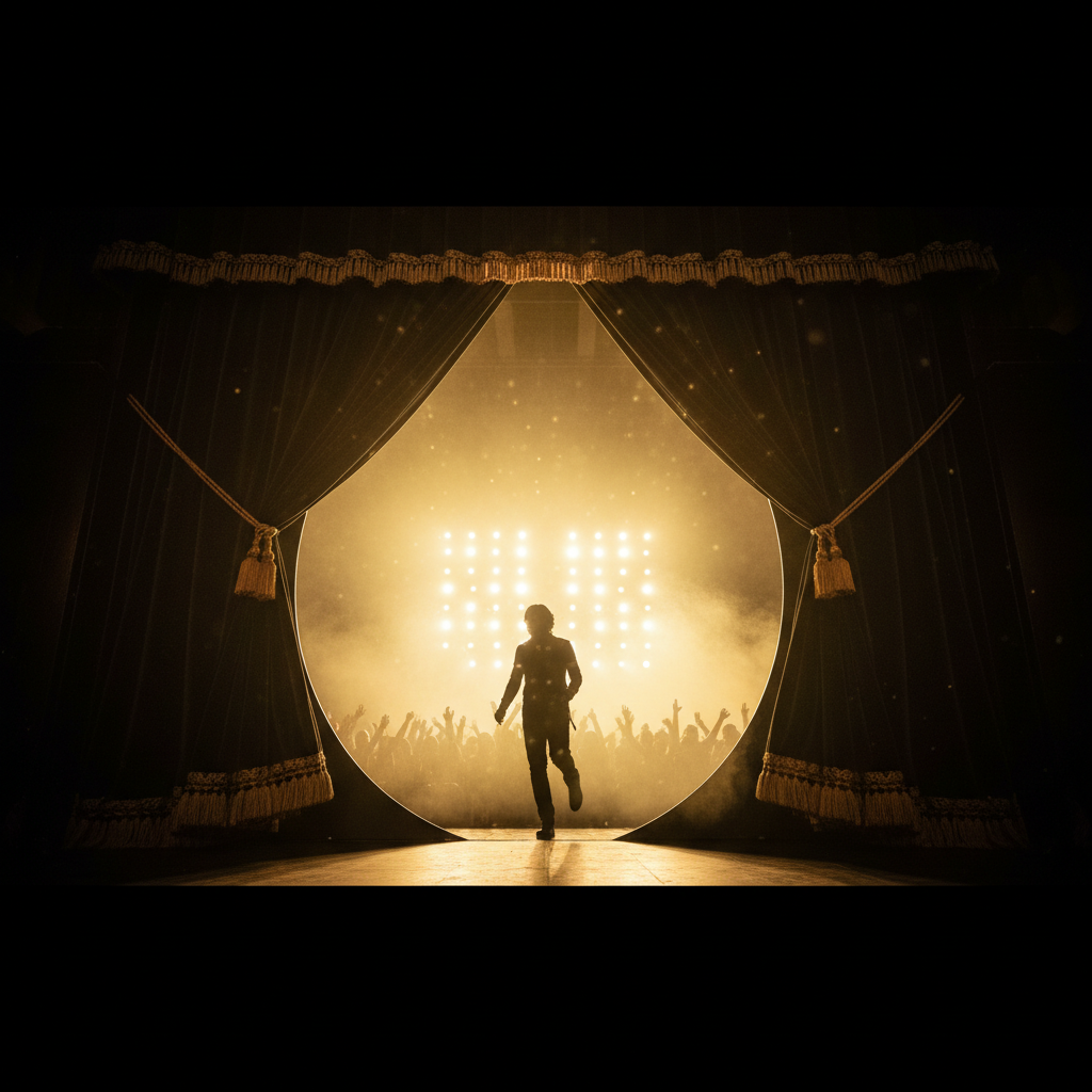 Silhouetted figure emerging through a parted curtain into blazing gold concert spotlight with a blurred crowd reacting in the background