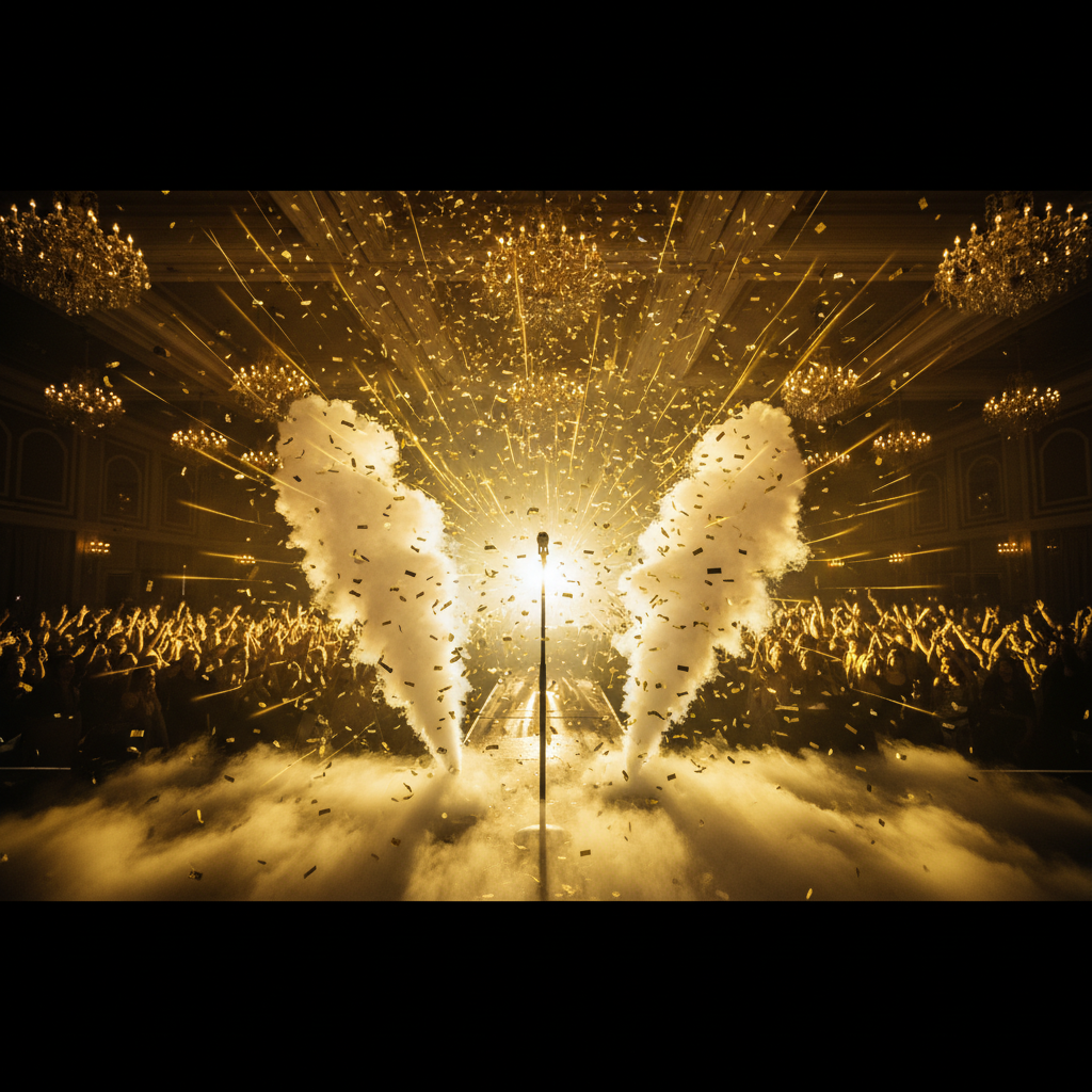Grand stage with a centered microphone stand engulfed in gold spotlights, frozen confetti, and a blurred crowd of raised silhouettes in a chandelier-lit ballroom