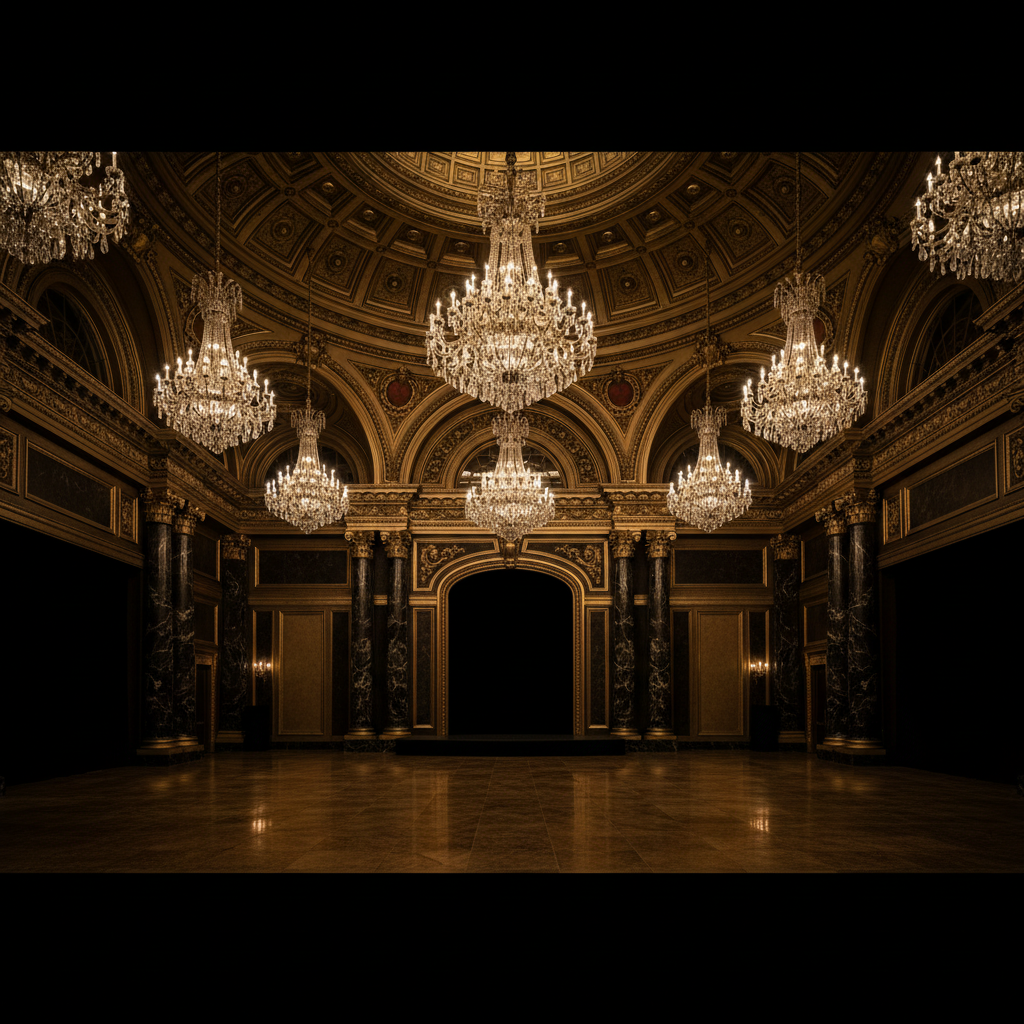 Ornate Las Vegas ballroom interior with cascading crystal chandeliers, marble columns, and dramatic gold uplighting on a wide stage alcove
